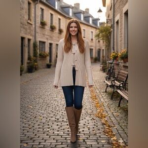 Autumn Cashmere 100% Pure Cashmere Tan Ribbed Knit Cardigan Sweater
